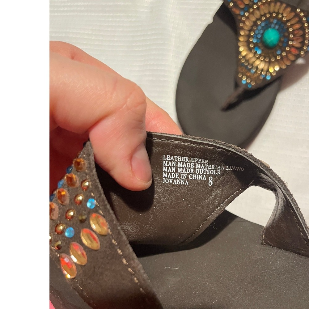 Yellow Box Jovanna Brown Beaded Platform Flip Flops Turquoise Studded Wedge 8 - Picture 3 of 8